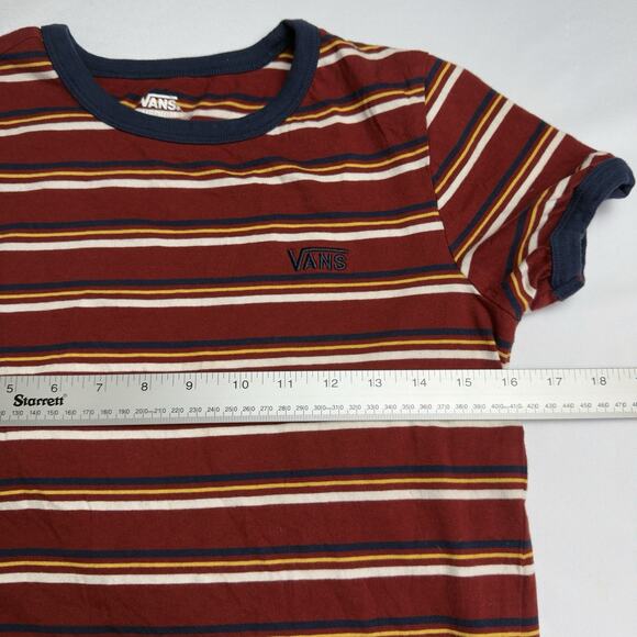 Vans Striped Ringer Tee Juniors Size Medium Dark Red Gold Navy White - Picture 2 of 6